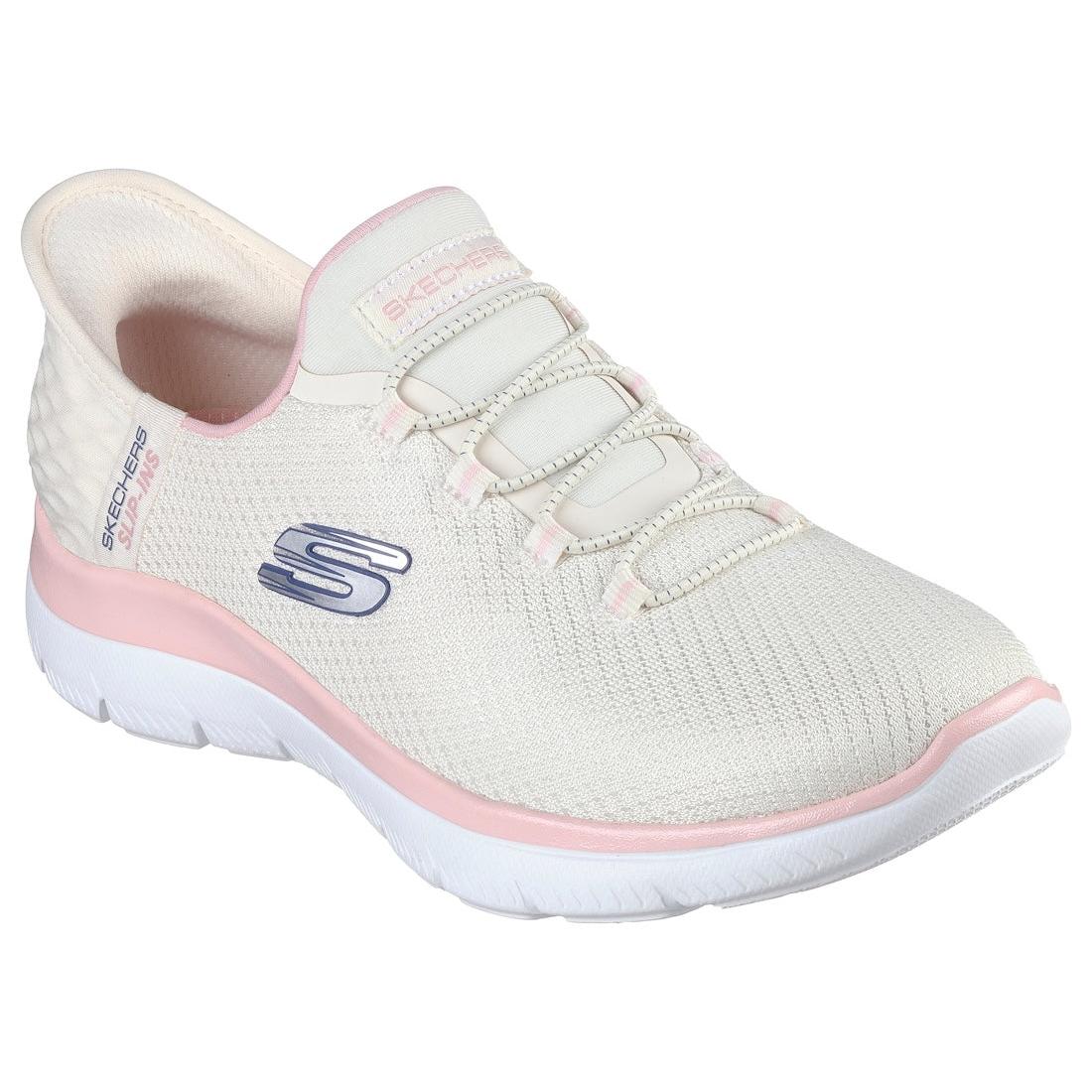 Skechers Summits Diamond Dream ladies' lace-up trainers in natural pink and white textile, lightweight and sporty.