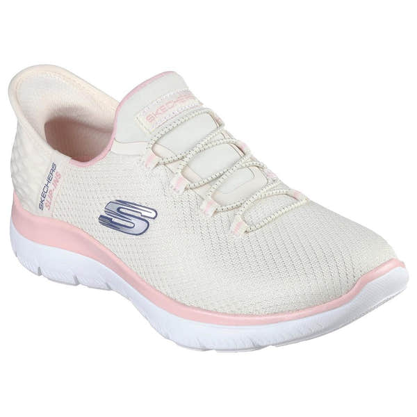 Skechers Summits Diamond Dream ladies' lace-up trainers in natural pink and white textile, lightweight and sporty.