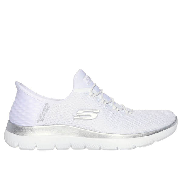 Skechers 150123 Summits-Diamond Dream Slip Ins Ladies White Silver Textile Vegan Slip On Trainers-elevate your sole