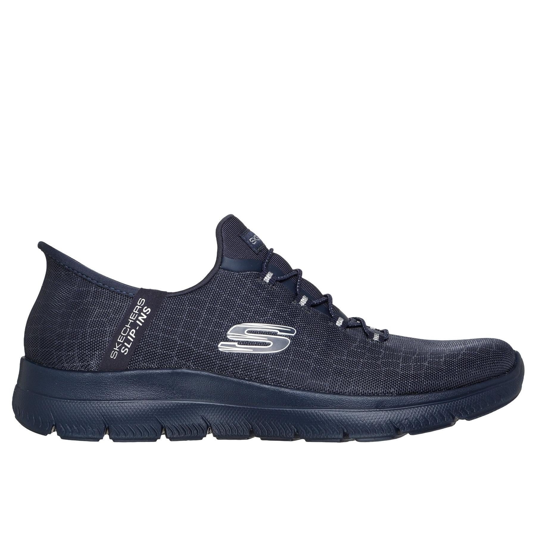 Skechers 150128 Summits - Classy Night Slip Ins Ladies Dark Navy Textile Vegan Slip On Trainers, front three-quarter view.