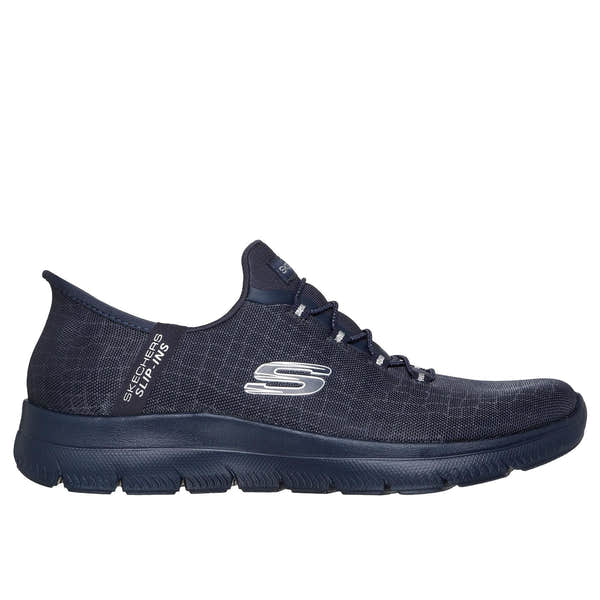 Skechers 150128 Summits - Classy Night Slip Ins Ladies Dark Navy Textile Vegan Slip On Trainers, front three-quarter view.