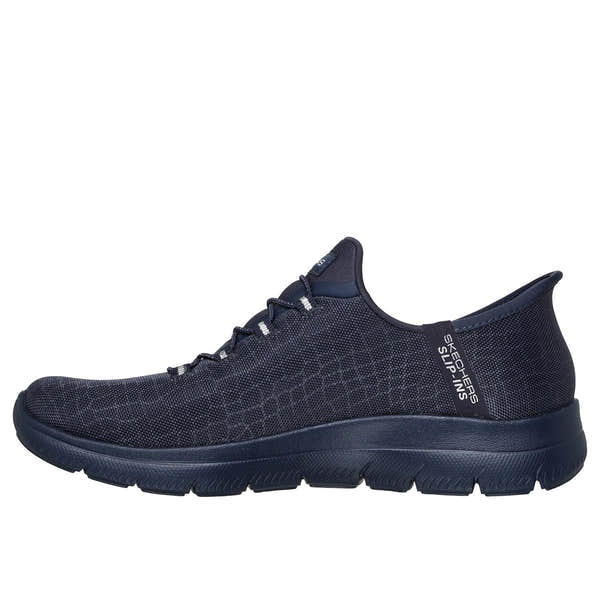 Skechers 150128 Summits - Classy Night Slip Ins Ladies Dark Navy Textile Vegan Slip On Trainers, inner side view.