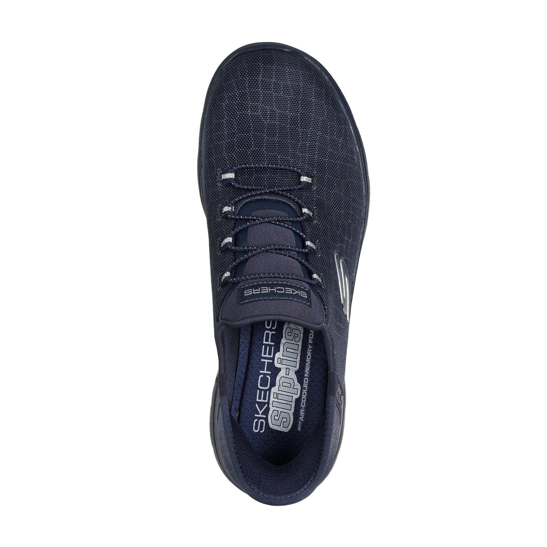 Skechers 150128 Summits - Classy Night Slip Ins Ladies Dark Navy Textile Vegan Slip On Trainers, insole and footbed view.