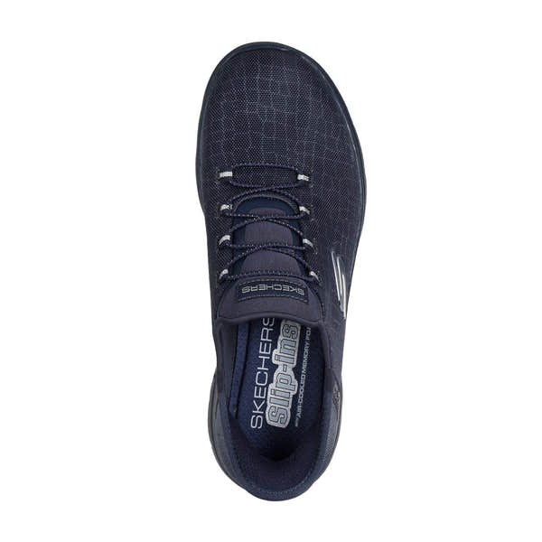 Skechers 150128 Summits - Classy Night Slip Ins Ladies Dark Navy Textile Vegan Slip On Trainers, insole and footbed view.