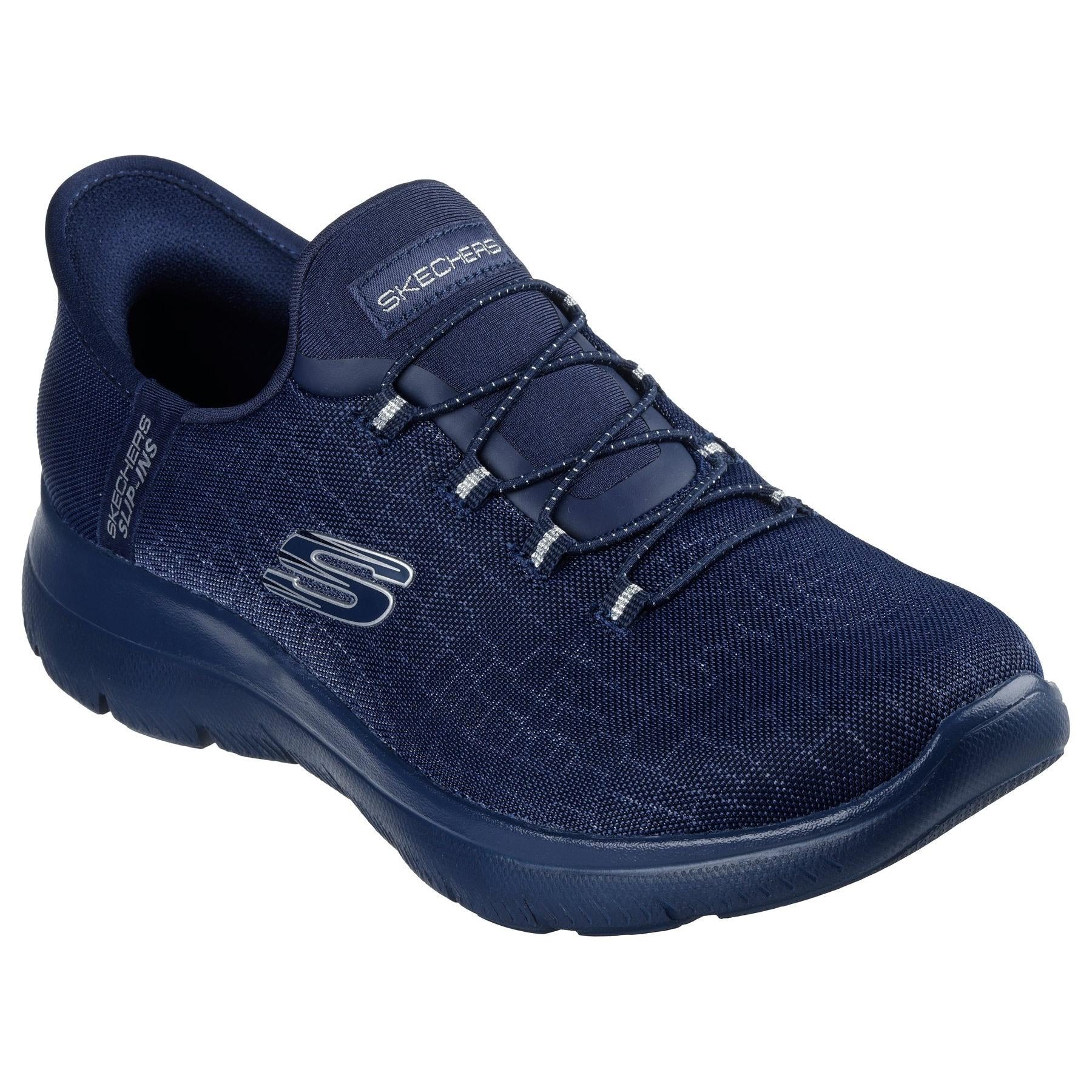 Skechers 150128 Summits - Classy Night Slip Ins Ladies Dark Navy Textile Vegan Slip On Trainers, outer side view.