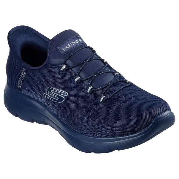 Skechers 150128 Summits - Classy Night Slip Ins Ladies Dark Navy Textile Vegan Slip On Trainers, outer side view.