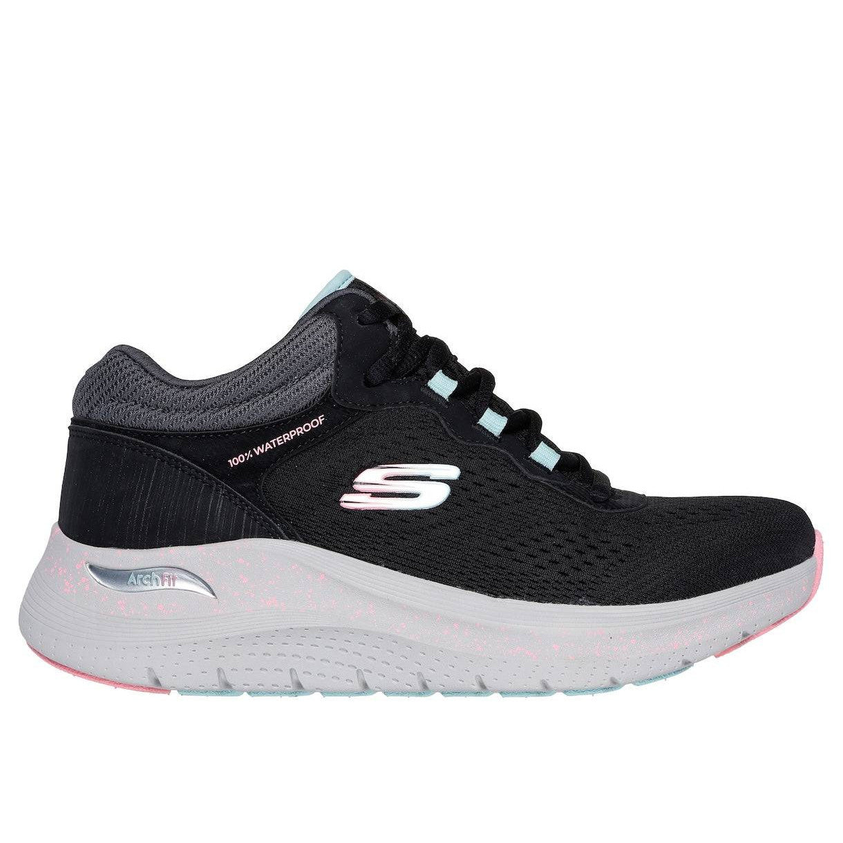 Skechers 150194 Arch Fit 2.0-Rainy Days Ladies Black Multi Textile Waterproof Vegan Arch Support Lace Up Ankle Boots-elevate your sole