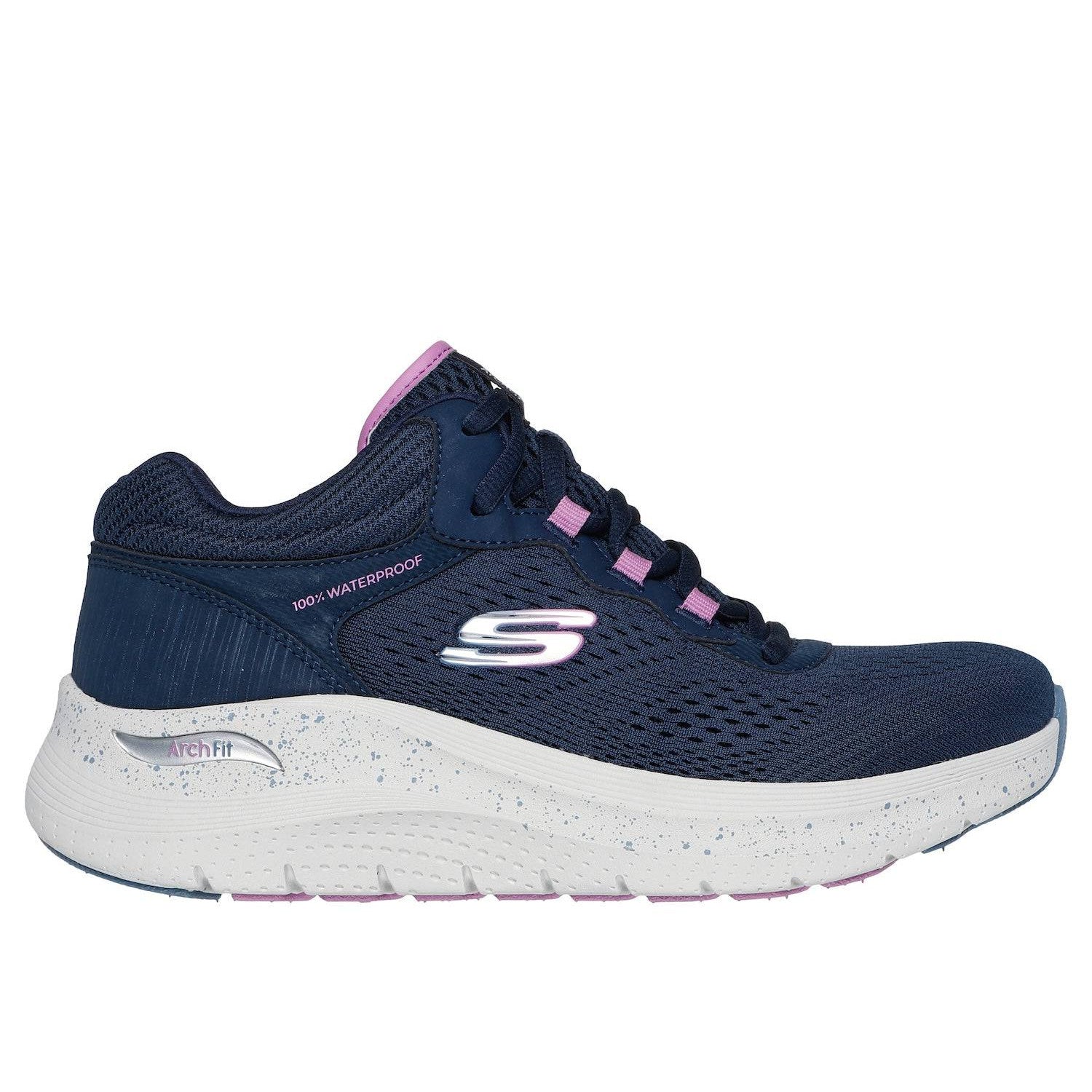 Skechers 150194 Arch Fit 2.0-Rainy Days Ladies Navy Purple Textile Waterproof Vegan Arch Support Lace Up Ankle Boots-elevate your sole
