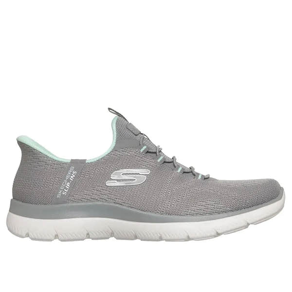 Skechers Summits Dream Chaser Ladies Grey and Mint vegan slip-on trainers with breathable textile upper and cushioned sole.