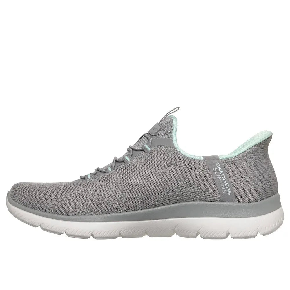 Skechers Summits Dream Chaser Ladies Grey/Mint vegan slip-on trainers with breathable textile upper and cushioned sole.