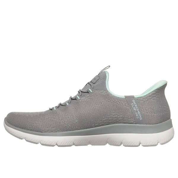 Skechers Summits Dream Chaser Ladies Grey/Mint vegan slip-on trainers with breathable textile upper and cushioned sole.