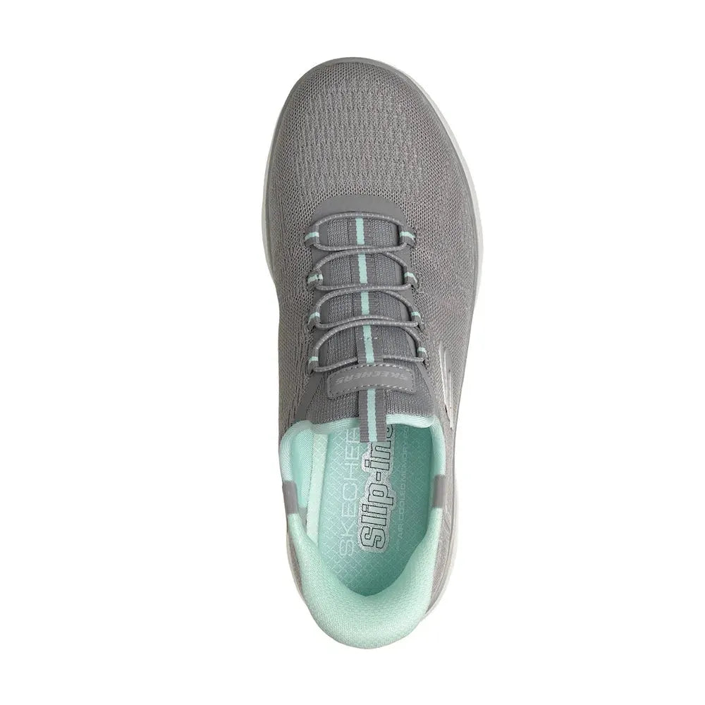 Skechers women's vegan slip-on trainers, grey/mint textile, breathable design, lightweight casual sneakers.