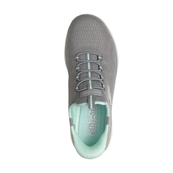 Skechers women's vegan slip-on trainers, grey/mint textile, breathable design, lightweight casual sneakers.
