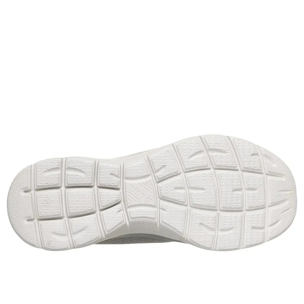 Skechers Summits Dream Chaser ladies slip-on trainers in grey and mint vegan textile with cushioned white outsole.