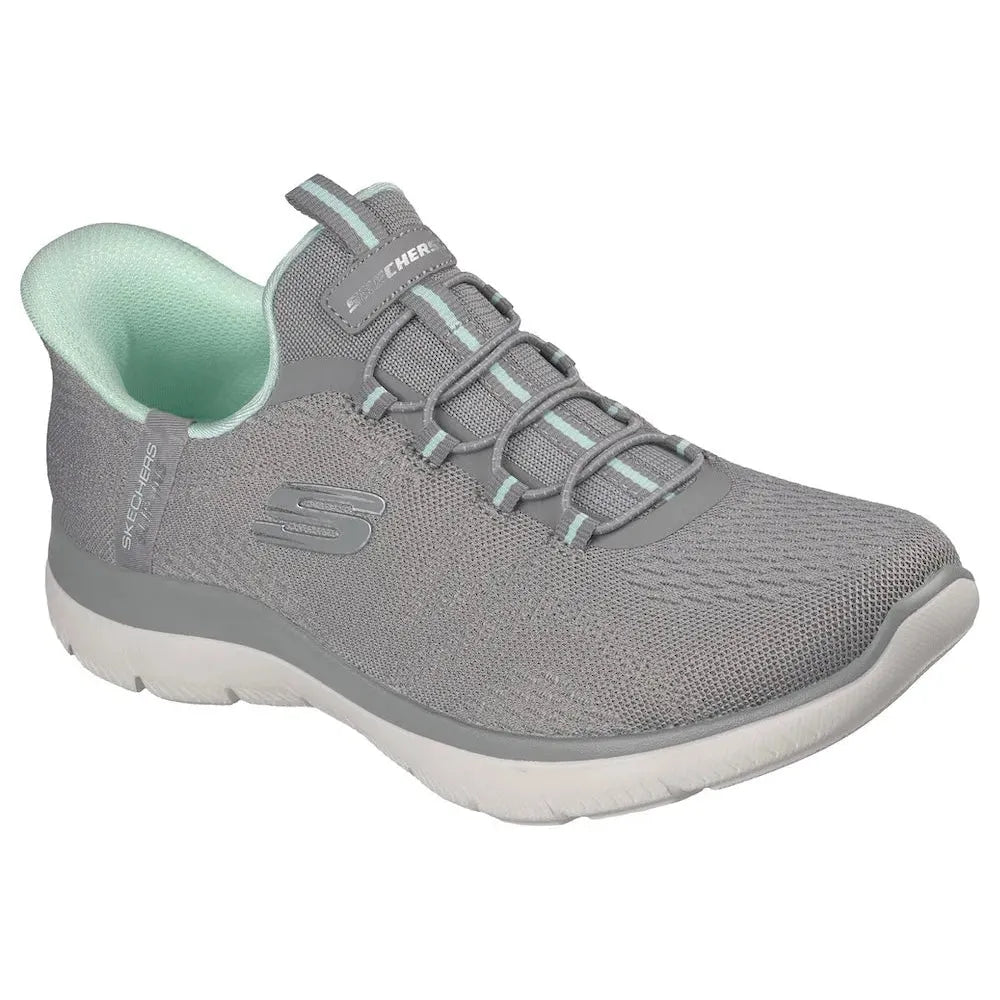 Skechers Summits Dream Chaser Ladies Grey and Mint Vegan Slip-On Trainers, lightweight athletic shoes for women.