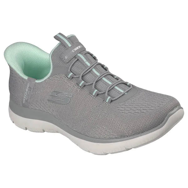 Skechers Summits Dream Chaser Ladies Grey and Mint Vegan Slip-On Trainers, lightweight athletic shoes for women.
