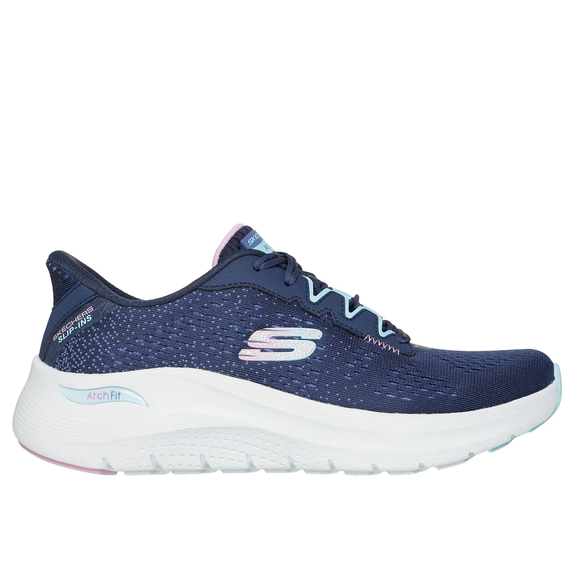 Skechers Arch Fit 2.0 slip-on trainers for women, navy multi-textile vegan athletic shoes with arch support and white cushioned sole.