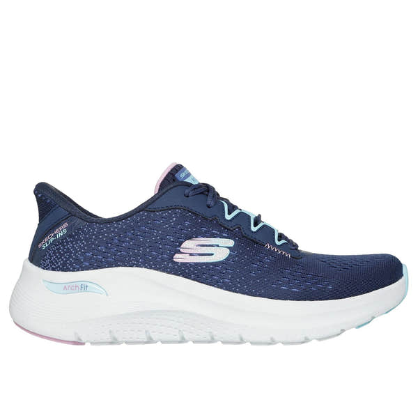 Skechers Arch Fit 2.0 slip-on trainers for women, navy multi-textile vegan athletic shoes with arch support and white cushioned sole.