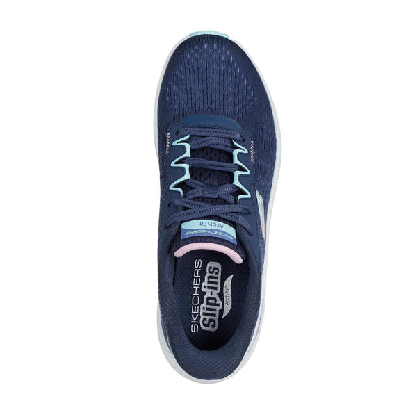 Skechers Arch Fit 2.0 ladies slip-on trainers in navy multi textile with vegan-friendly design and arch support.