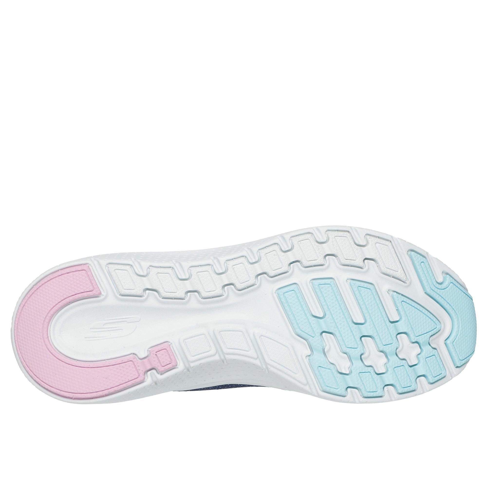 Skechers Arch Fit 2.0 slip-on trainers for women, navy multi-textile vegan shoes with supportive rubber sole and colorful accents.
