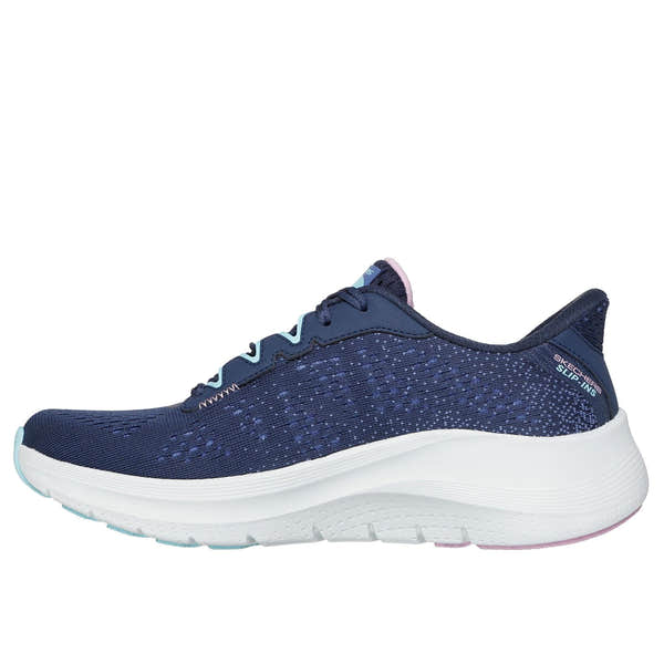 Skechers Arch Fit 2.0 slip-on trainer for women, navy multi-textured vegan fabric, with arch support and a white rubber sole.