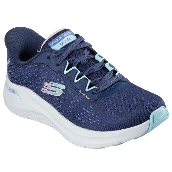 Skechers Arch Fit 2.0 slip-on trainers for ladies, navy multi textured vegan fabric, with arch support, lightweight and breathable.