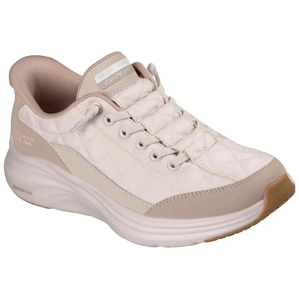 Skechers 150404 Contour Foam women's slip-on trainers in natural/taupe leather and textile, with cushioned sole and casual sporty design.