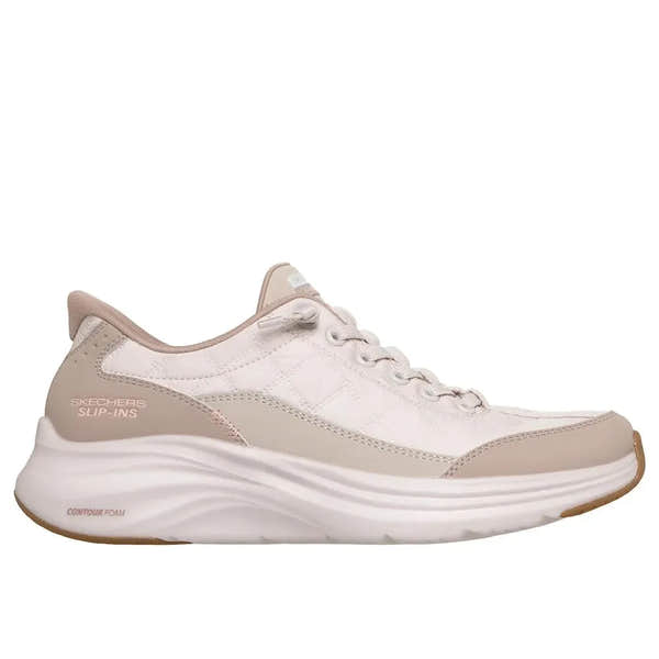 Skechers Contour Foam Ladies Slip-On Trainers, beige/taupe leather and textile, lightweight athletic shoe with cushioned sole.