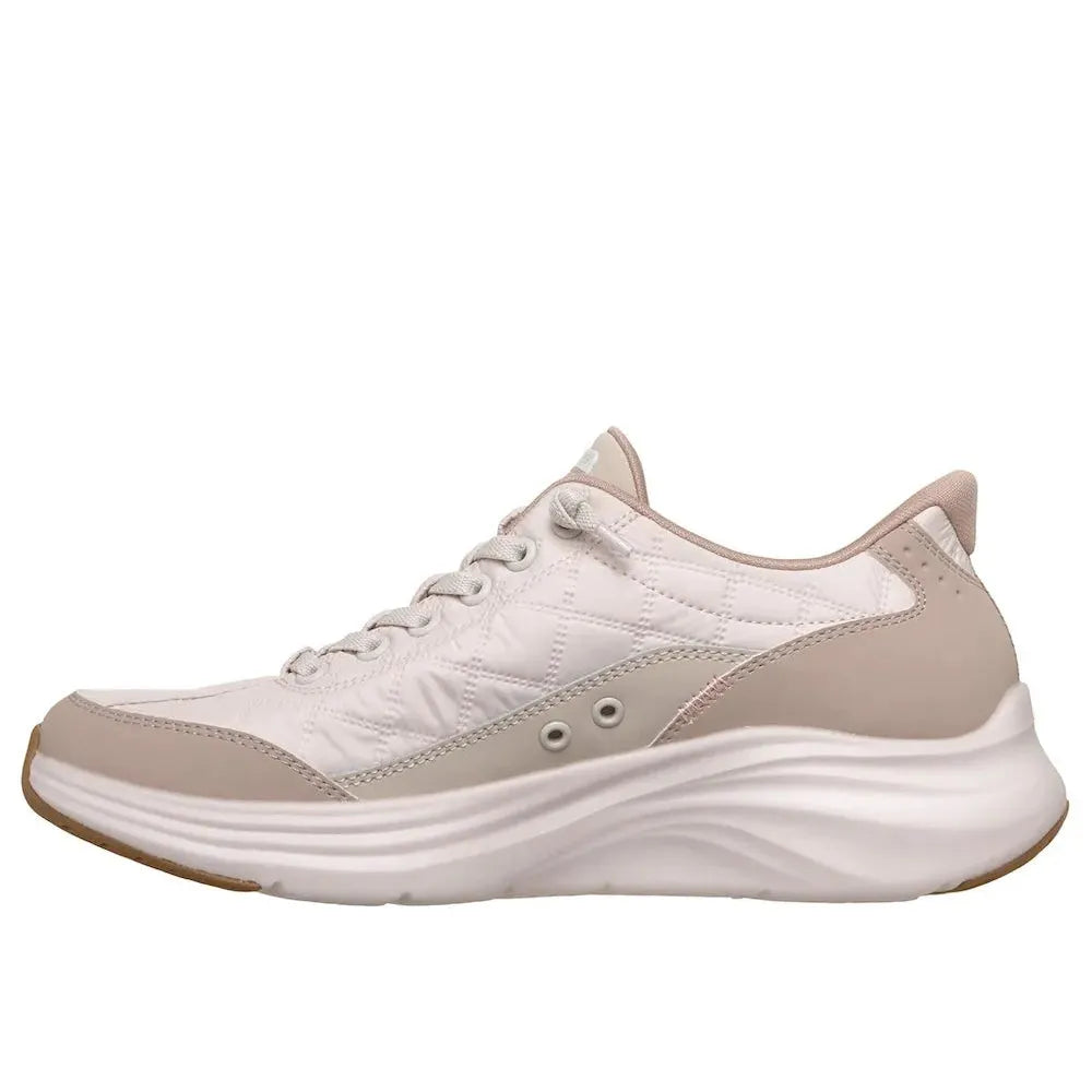 Skechers Contour Foam Ladies slip-on trainers in natural/taupe leather and textile, cushioned sole, sporty design.