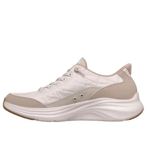 Skechers Contour Foam Ladies slip-on trainers in natural/taupe leather and textile, cushioned sole, sporty design.