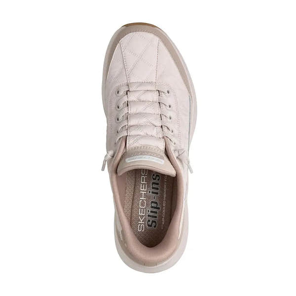 Skechers Contour Foam ladies slip-on trainers in natural/taupe leather and textile, with padded collar and breathable insole.