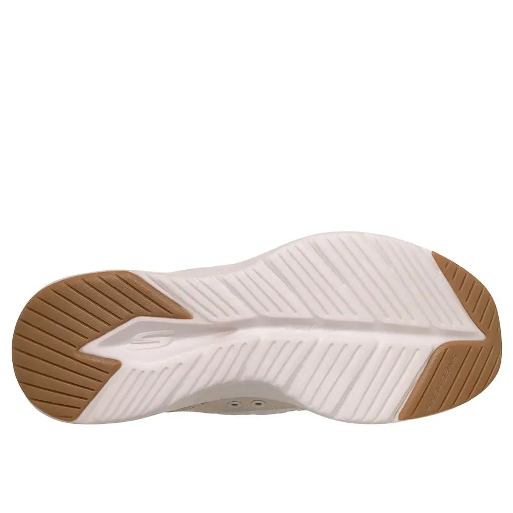 Skechers Contour Foam ladies slip-on trainers with taupe leather and textile upper, flexible white and brown rubber outsole.