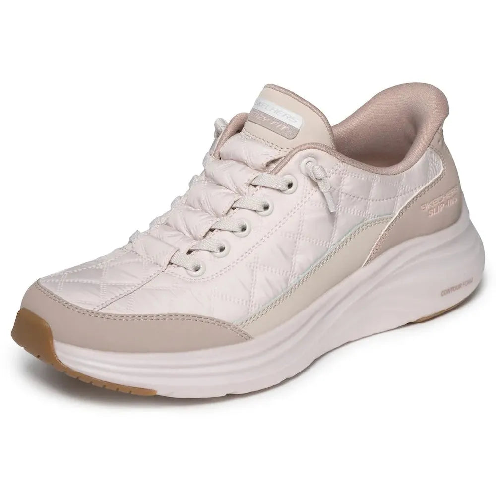 Skechers Ladies Contour Foam slip-on trainers in natural/taupe leather and textile, lightweight and comfortable footwear.