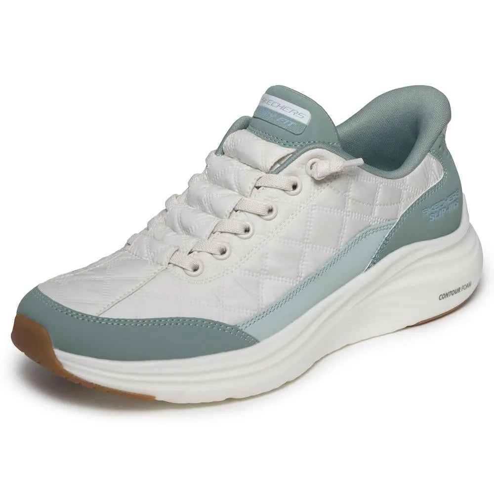 Skechers 150404 Contour Foam ladies sage leather and textile slip-on trainers with quilted design and cushioned sole.