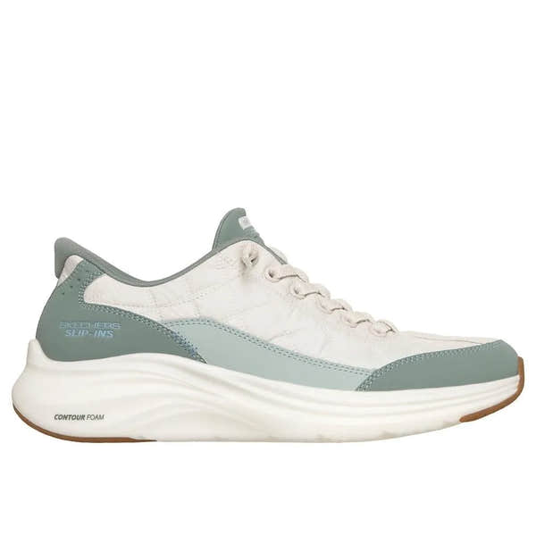 Skechers Contour Foam Ladies Sage Leather & Textile Slip-On Trainers with cushioned sole and modern design.