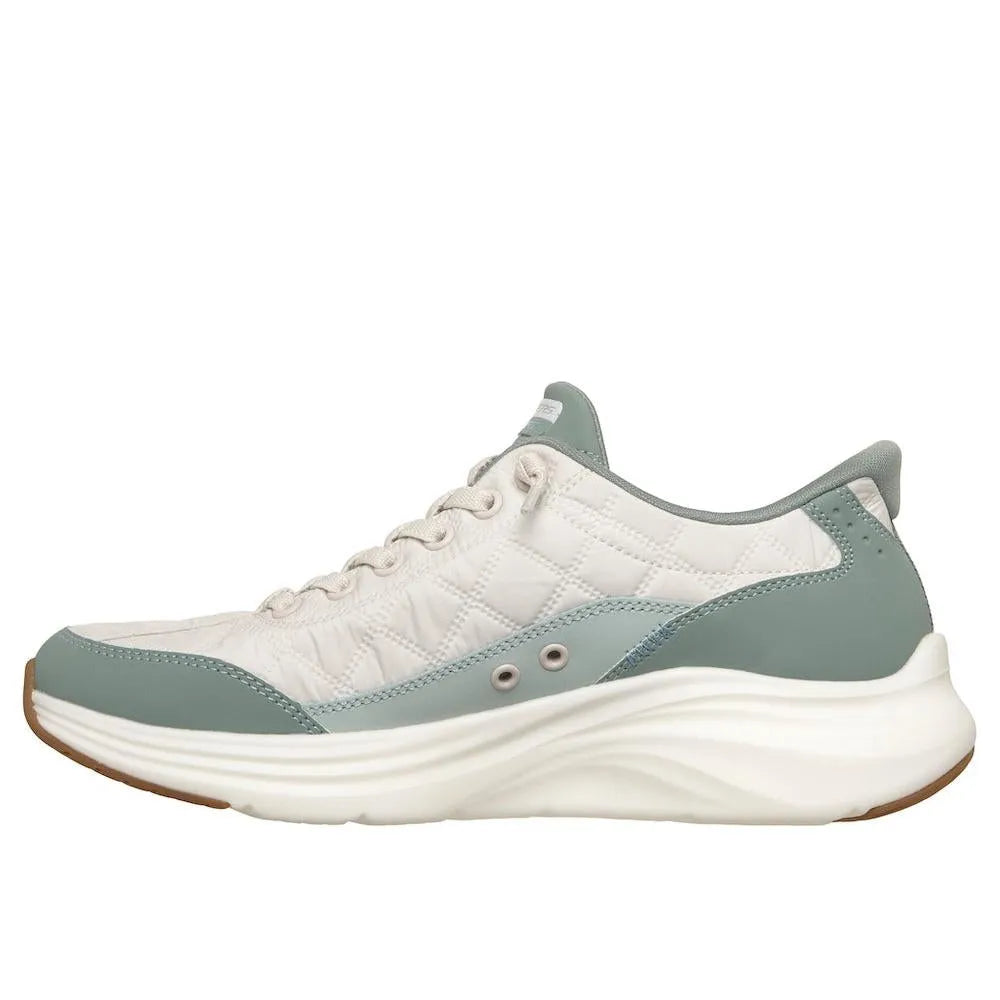 Skechers 150404 Contour Foam women's slip-on trainers in sage with white leather and textile upper, cushioned sole, and sporty design.