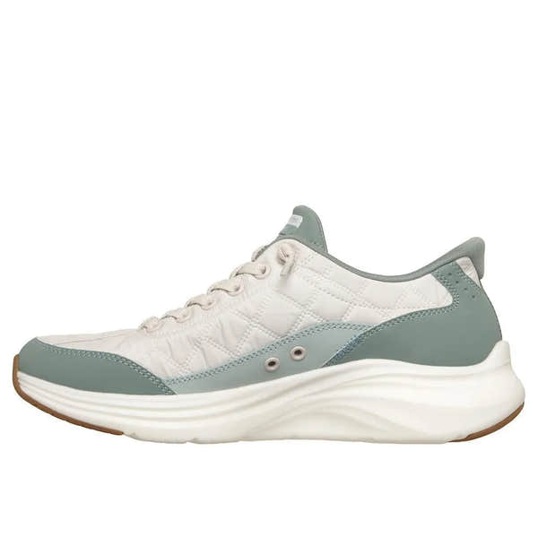 Skechers 150404 Contour Foam women's slip-on trainers in sage with white leather and textile upper, cushioned sole, and sporty design.