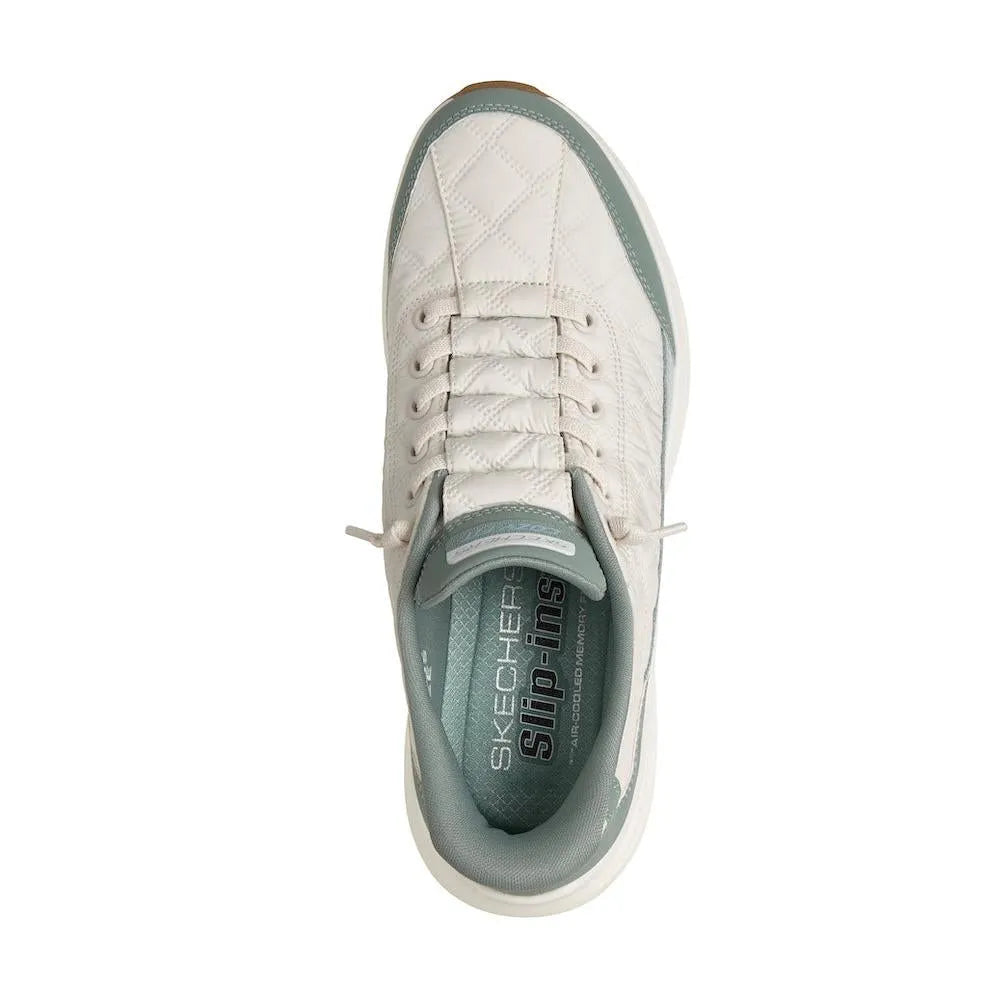 Skechers Contour Foam Ladies Sage Leather & Textile Slip-On Trainers, white and sage color, cushioned sole, casual sporty style.