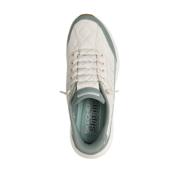 Skechers Contour Foam Ladies Sage Leather & Textile Slip-On Trainers, white and sage color, cushioned sole, casual sporty style.
