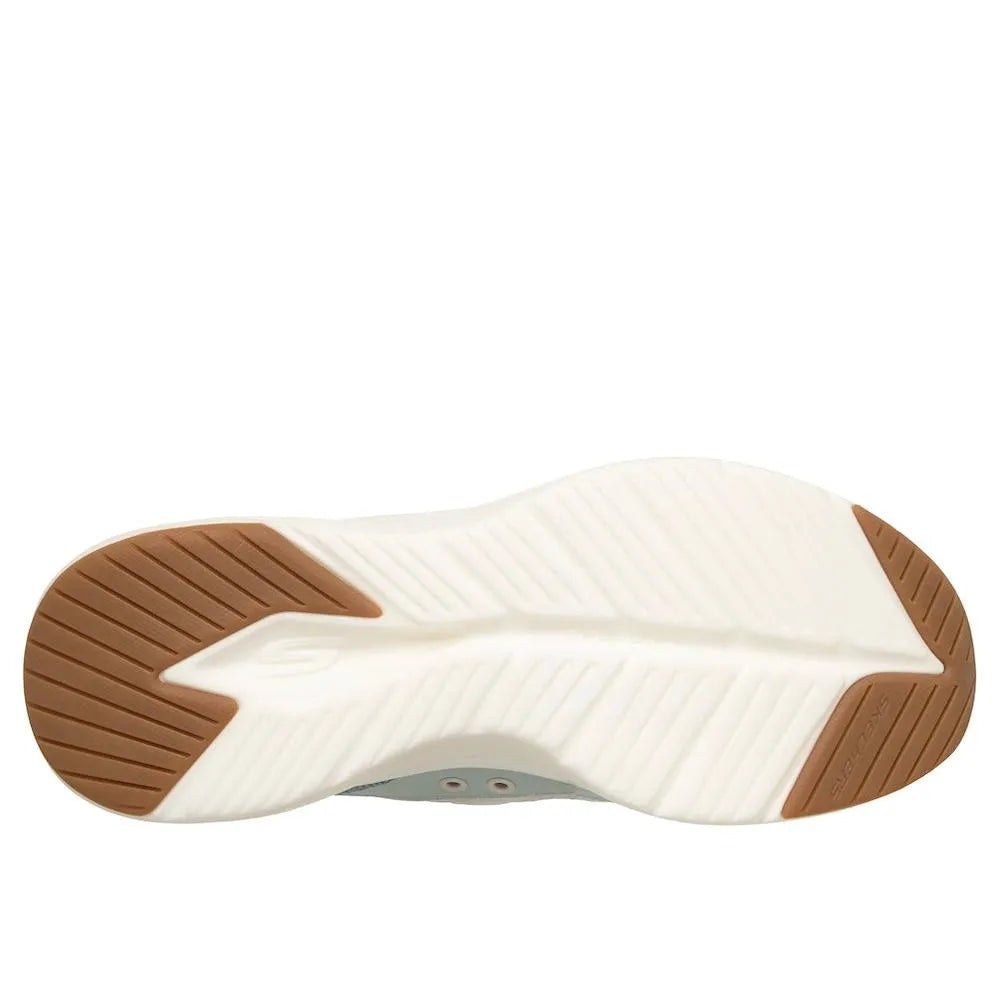 Skechers Contour Foam ladies slip-on trainers with sage leather and textile upper, cushioned sole, and rubber outsole for comfort.