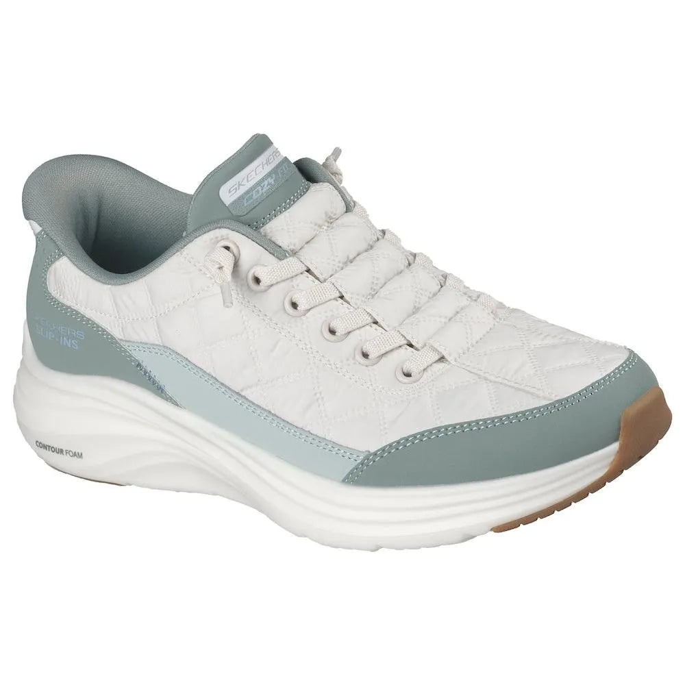 Skechers Contour Foam ladies slip-on trainers with sage leather and textile upper, cushioned sole, and lace-up design.