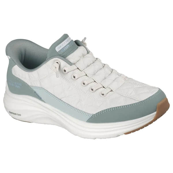 Skechers Contour Foam ladies slip-on trainers with sage leather and textile upper, cushioned sole, and lace-up design.