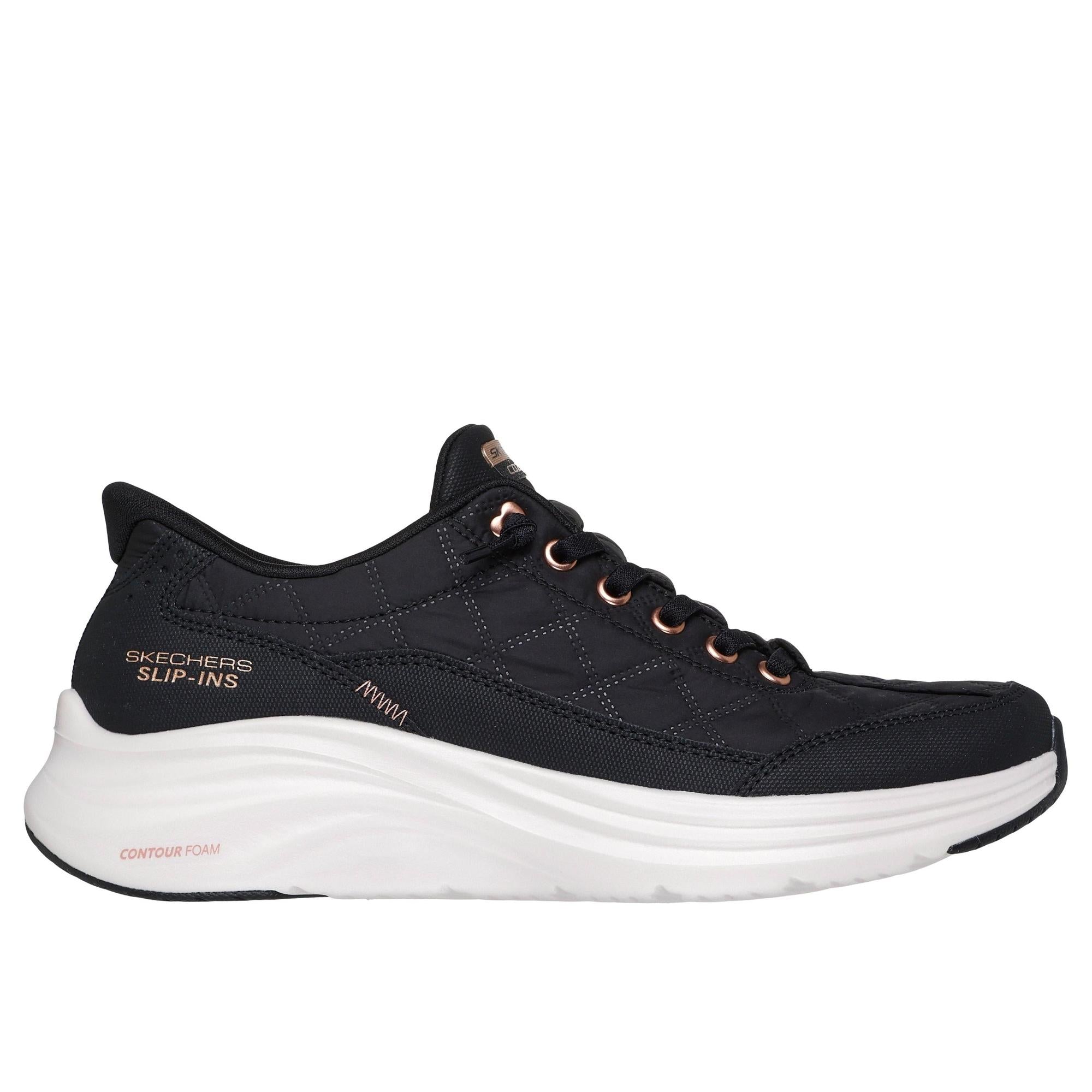 Skechers Contour Foam Slip-On Trainers for Ladies, black leather and textile, with rose gold accents, cushion sole, and washable design.