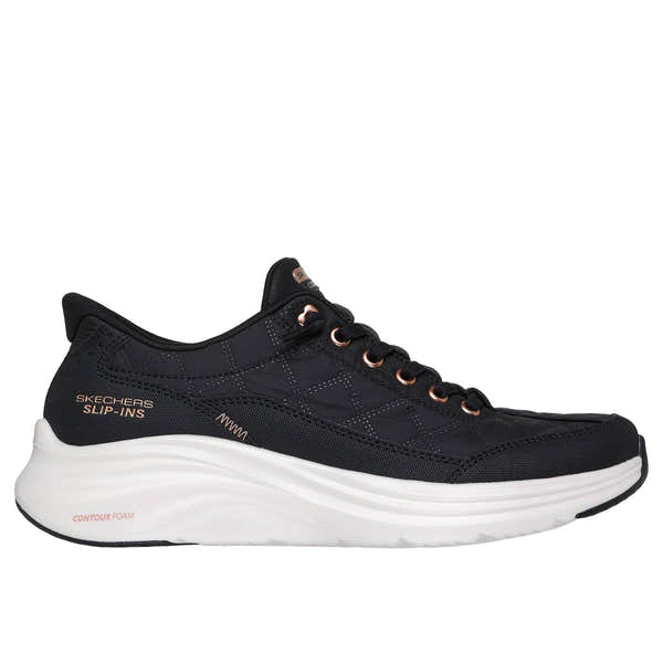 Skechers Contour Foam Slip-On Trainers for Ladies, black leather and textile, with rose gold accents, cushion sole, and washable design.