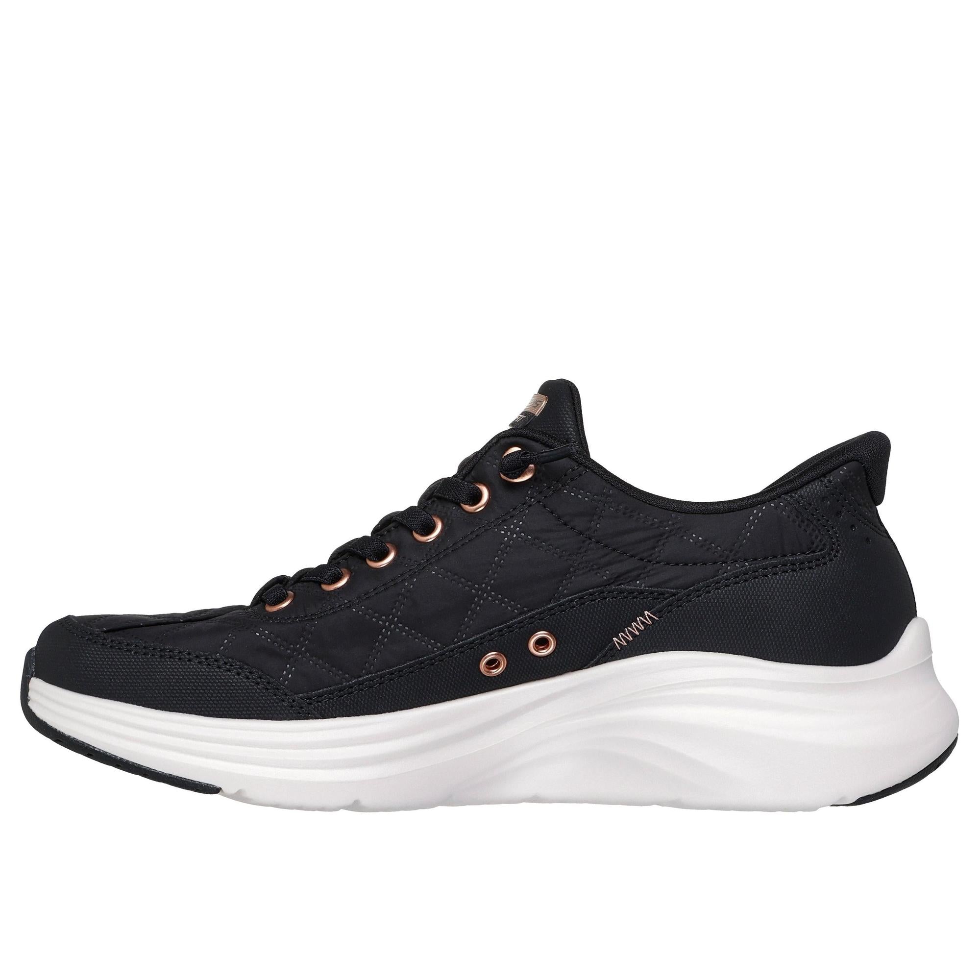 Skechers Women's Contour Foam Slip-On Trainers in Black with Rose Gold accents and white sole, Twin Gore design for comfort.