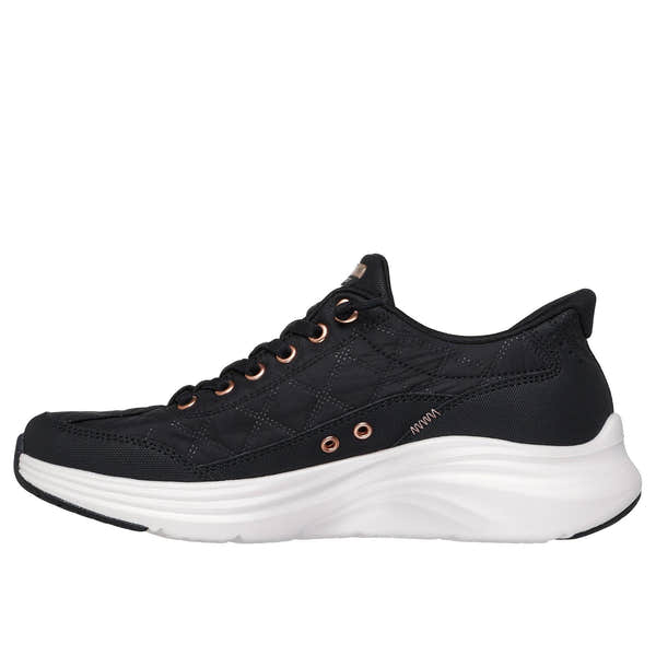 Skechers Women's Contour Foam Slip-On Trainers in Black with Rose Gold accents and white sole, Twin Gore design for comfort.