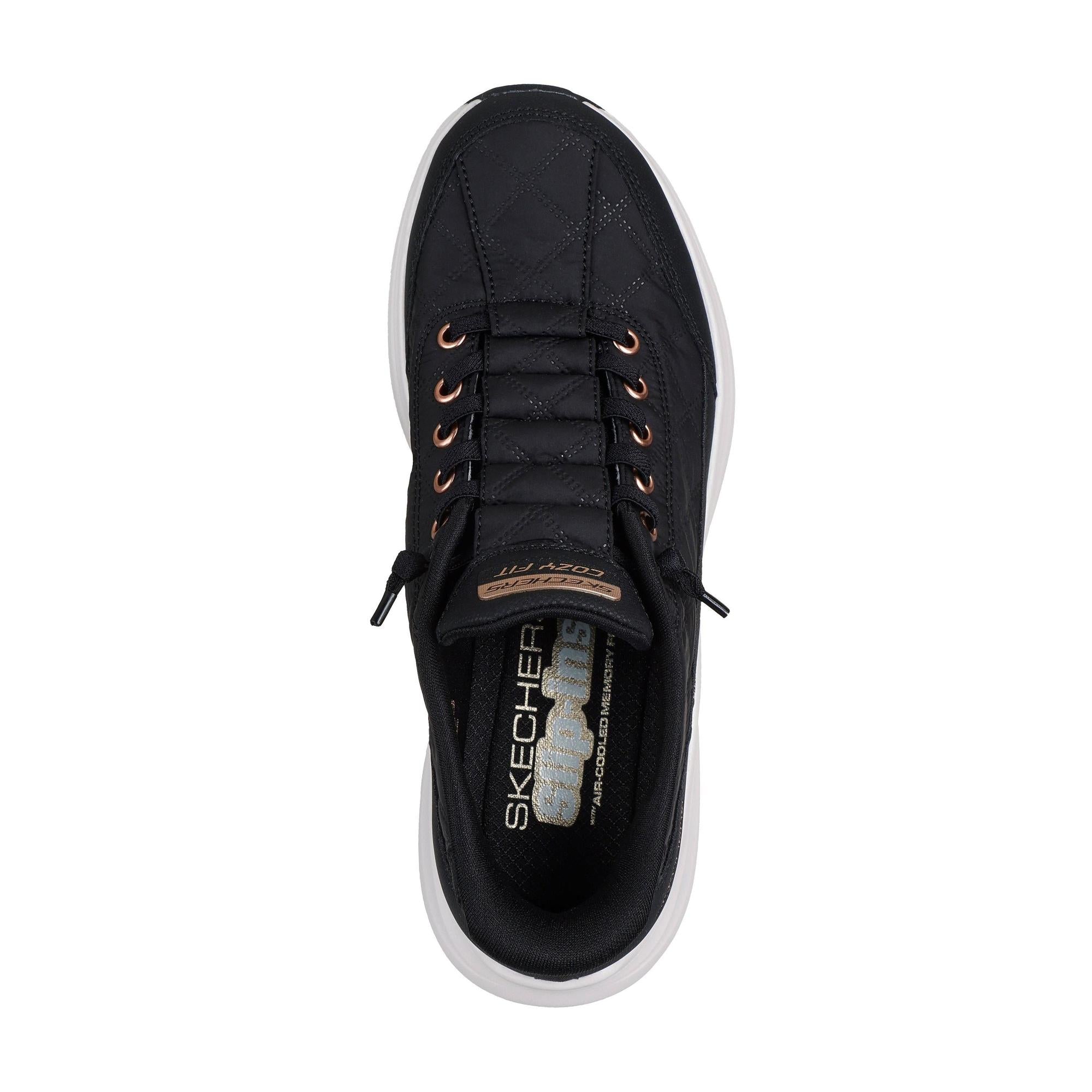 Skechers Contour Foam Slip-On Trainers for Ladies, black with rose gold accents, leather and textile upper, cushioned comfort shoe.
