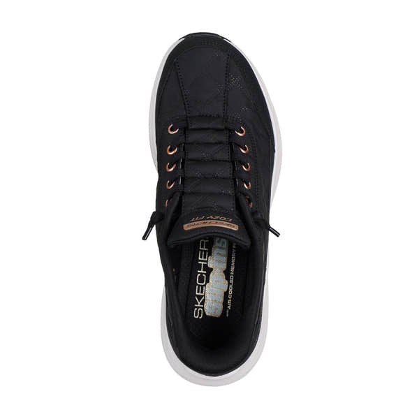 Skechers Contour Foam Slip-On Trainers for Ladies, black with rose gold accents, leather and textile upper, cushioned comfort shoe.