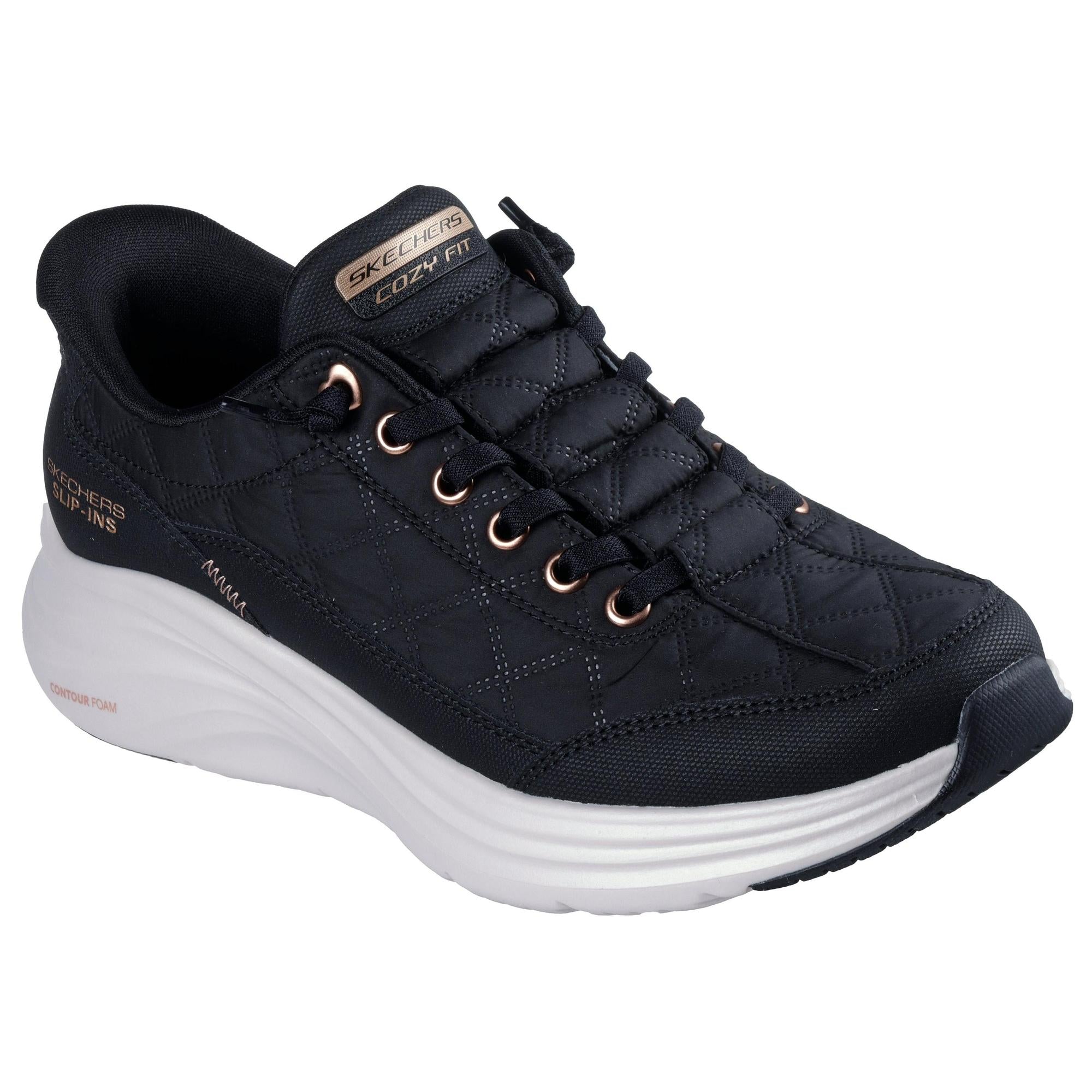 Skechers Contour Foam Slip-Ins women's trainers, black leather and textile with rose gold accents, white cushioned sole.