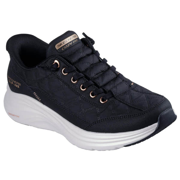 Skechers Contour Foam Slip-Ins women's trainers, black leather and textile with rose gold accents, white cushioned sole.